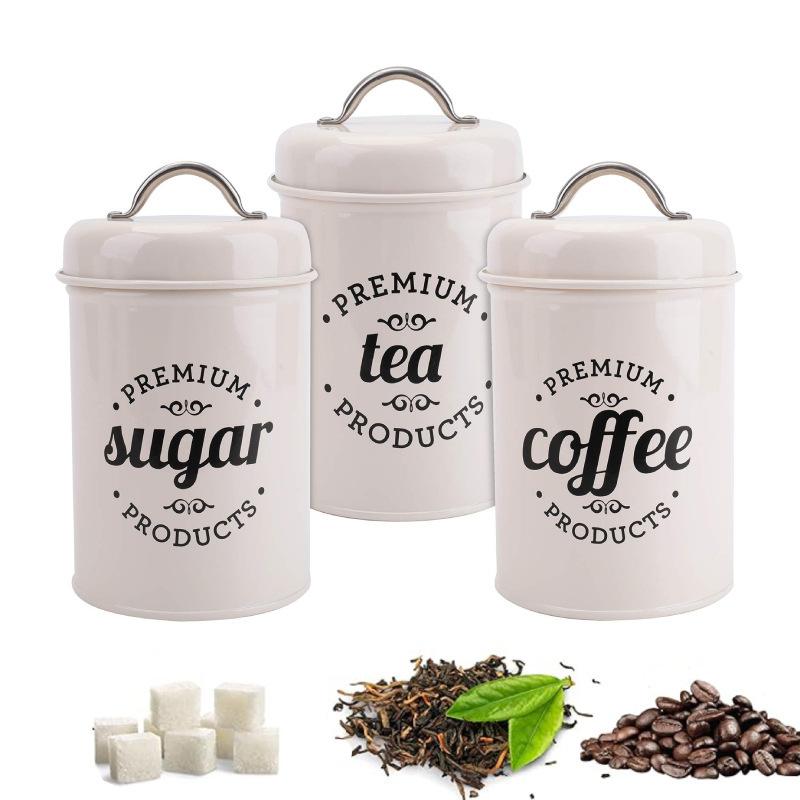 Coffee Tea Sugar - 3-delige set metalen ronde keukencontainers met